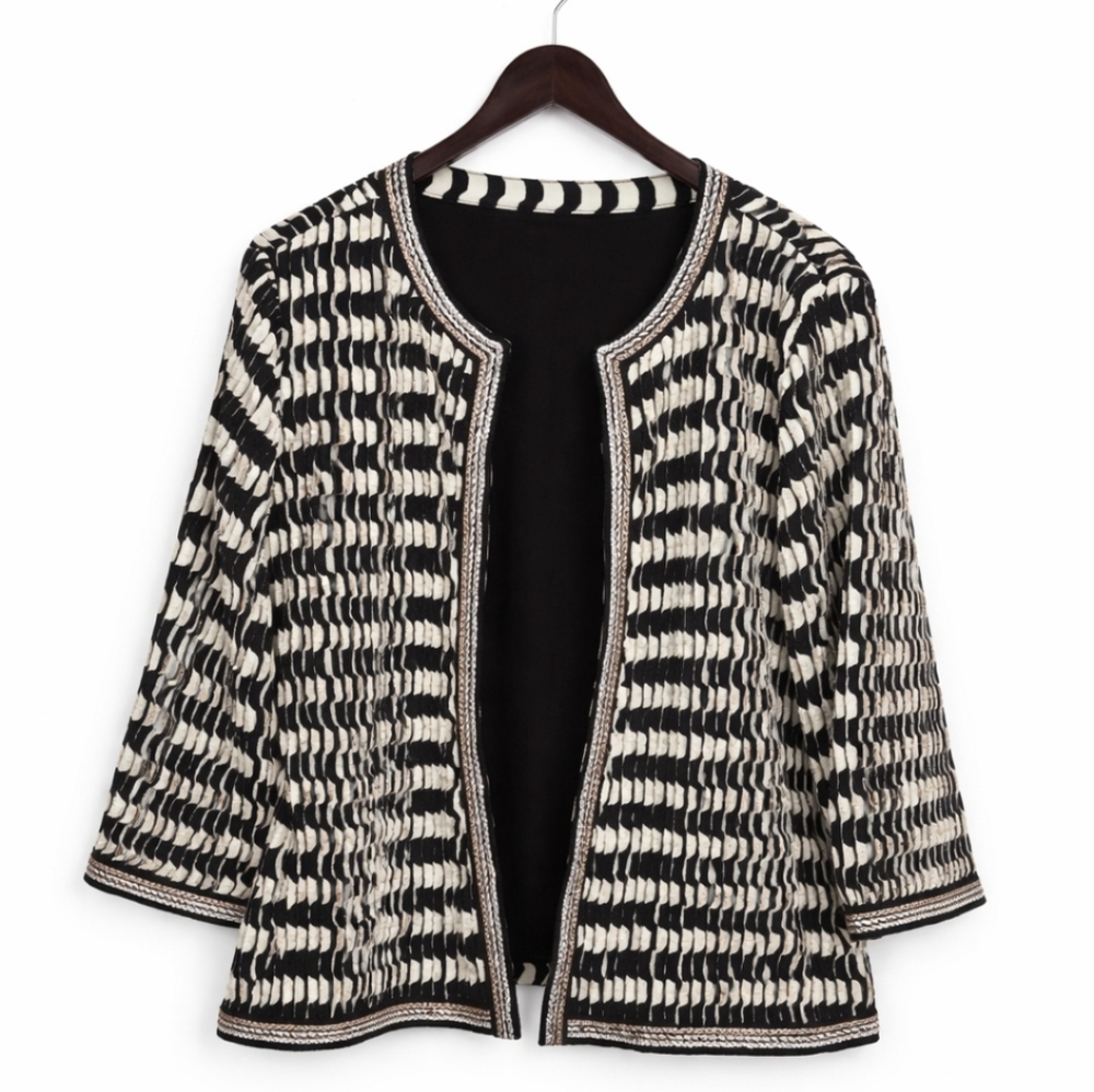 Chicos Travellers Black & Cream Beaded Embroidered Ruched Collarless Blazer Sz 2